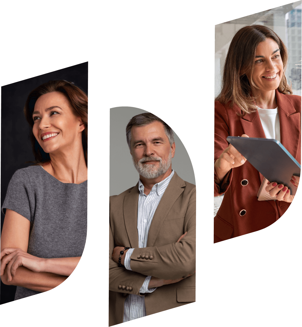 Collage de diferentes fotos: La primera, una mujer sonriendo mientras mira para el lado con las manos cruzadas. La segunda un hombre con barba blanca y media sonrisa con los brazos cruzados y la tercera una mujer sonriente señala una tablet que alguien le está enseñando